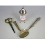 A pair of brass cased scissors (a/f) together with an electroplate spoon and a continental .800