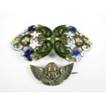 A Victorian ladies' enamelled belt buckle and a brooch