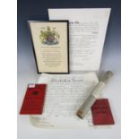 A WWII casualty memorial scroll, unrelated Pay Book and Service Certificate, an Army commission