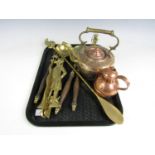 A brass Robin Hood figure together with a brass pan hanger, a copper measure, a copper kettle,