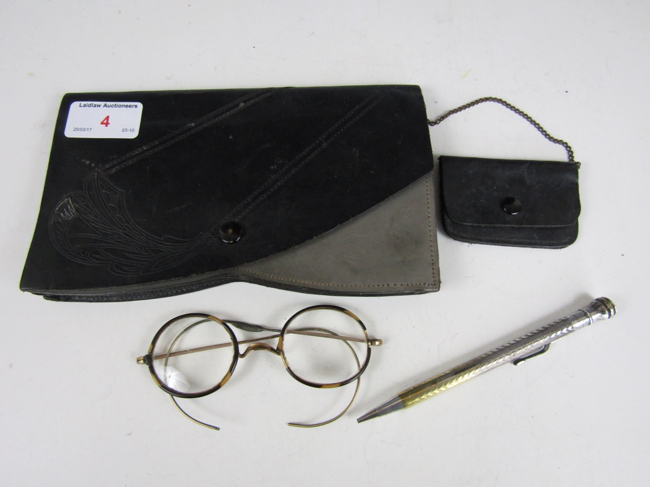 Vintage tortoiseshell rimmed spectacles, a propelling pencil and a vintage purse