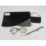 Vintage tortoiseshell rimmed spectacles, a propelling pencil and a vintage purse