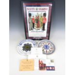 Two Scots Guards commemorative ceramic plates and a related framed print