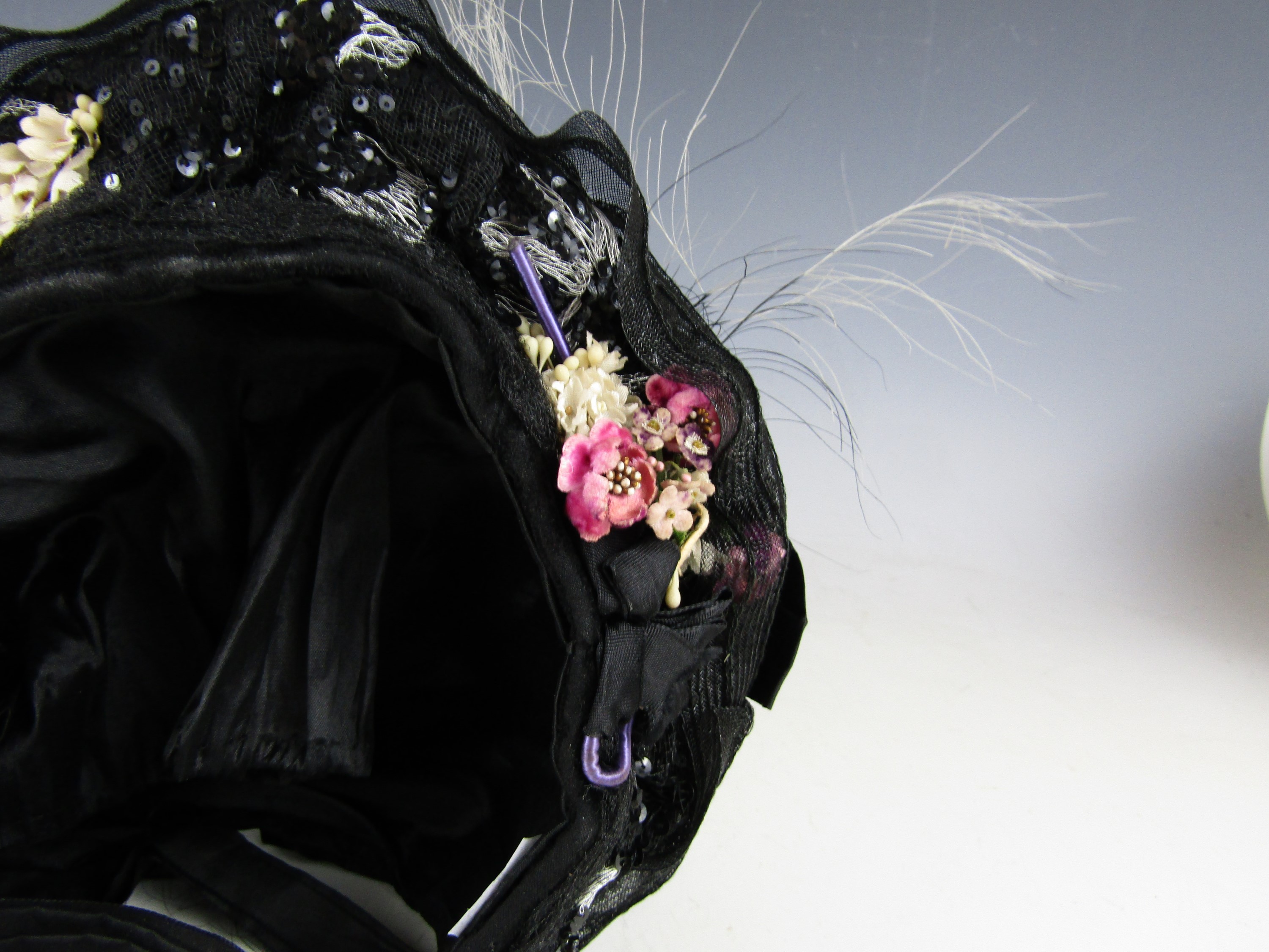 A late Victorian lady's black mesh bonnet, decorated with sequins, pink velvet flowers and black - Image 4 of 4