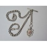 An Edwardian silver double watch chain of graded curb links, with T-bar, swivels and enamelled