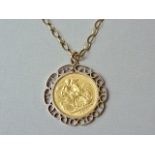 An 1894 gold sovereign in a 9ct gold pendant mount on a 9ct gold belcher link neck chain, 14.9g