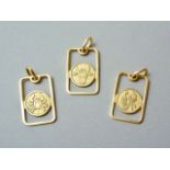 Three Italian yellow-metal astrology pendants, each bearing Italian high carat gold marks, stamped