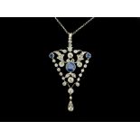 A Belle Époque diamond, sapphire and white metal openwork pendant necklace, of kite shape, with