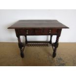 A late 17th / early 18th Century oak writing table, having oblong top, panelled frieze drawer with