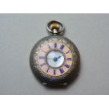A late 19th Century lady's silver half-hunter fob watch, having a pink basse taille enamelled