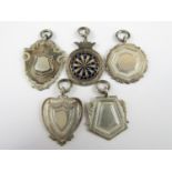 Five various silver watch chain fobs including an enamelled example modelled as a darts board