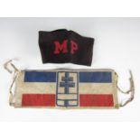 A Second World War Free French printed cotton arm band together with a Military Police brassard