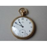 An Omega rolled gold pocket watch, having a crown-wound 15-jewel movement, and enamelled open face