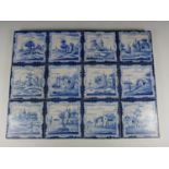 A panel of twelve late 17th / early 18th Century Dutch Delft blue-and-white tiles, 53 cm x 40 cm