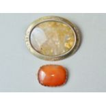 A late 19th Century gilt white-metal and polished agate brooch, the oval stone slice being rub set