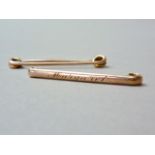 Two yellow-metal stock pins, one engraved 'Margaret', one stamped 9ct, both test as gold, 4.3g