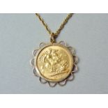 A 1976 gold sovereign, in a yellow metal pendant mount, on a yellow metal fancy link neck chain,