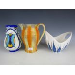 A Shelley flower jug together with a Jersey pottery Modernist bowl and a Belgium pottery vase