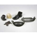 Sundry metalware including a bronze boot match holder together with an owl and two pewter