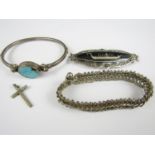 Vintage white metal jewellery, including turquoise bangle, a Thai white metal brooch, a cruciform