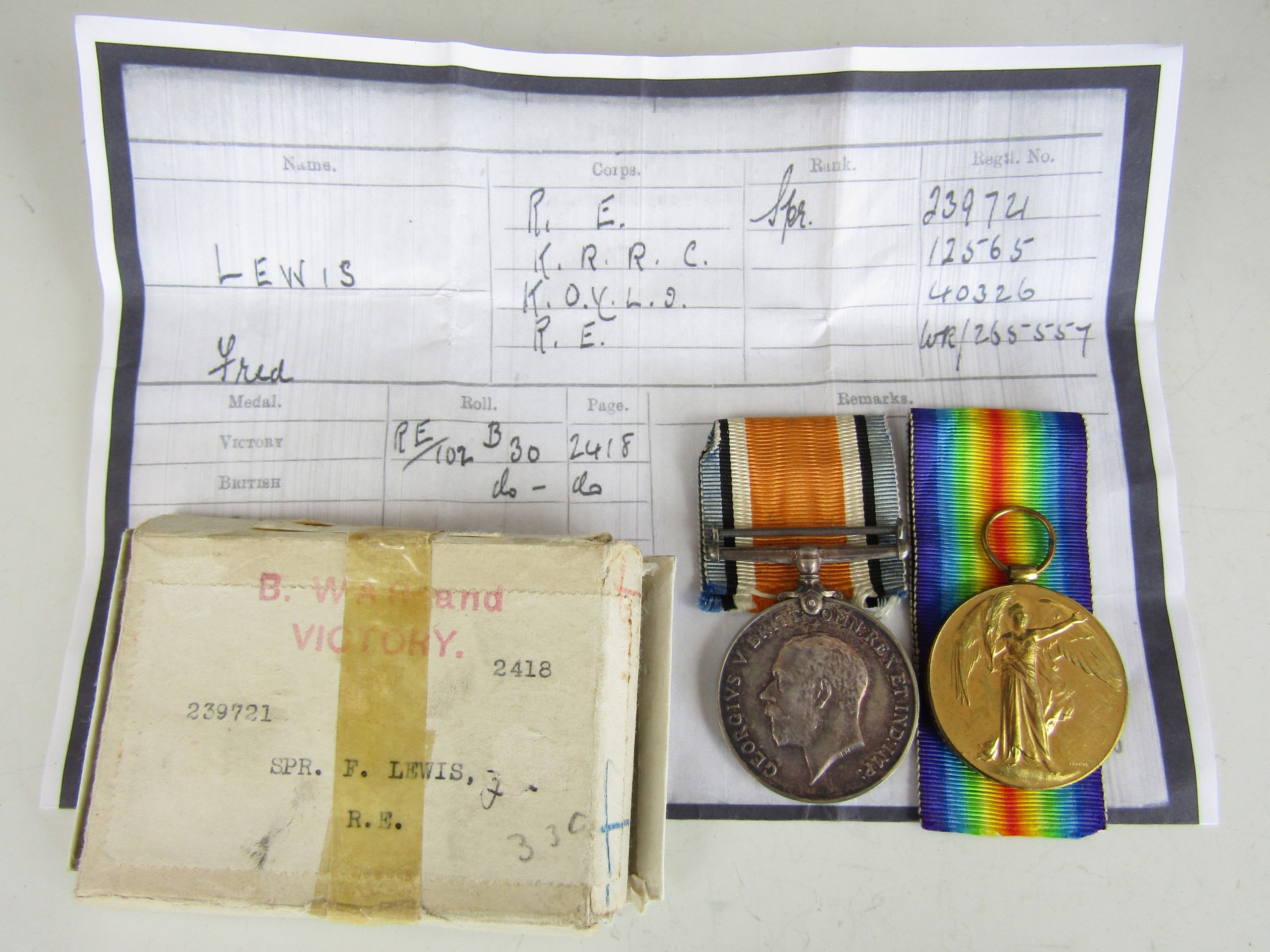 A British War and Victory Medal pair to 239721 Sapper F Lewis, Royal Engineers