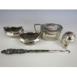 A pair of silver salts together with an Art Deco silver mustard pot (a/f) and a silver button hook