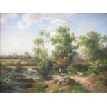 (20th Century) Bright and breezy British countryside view, with stream and distant church spire, oil