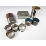 Electroplate hip flask, napkin rings, lidded box etc.