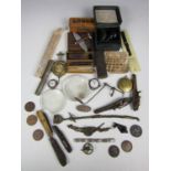 Sundry collectors’ items including watch parts, coins, two magnifying lenses and pen knives etc.