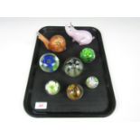 Eight glass paperweights including a snail and a pig etc.