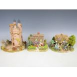 Three Lilliput Lane cottages comprising Craigievar Castle, Canterbury Bells, and Cotman Cottage