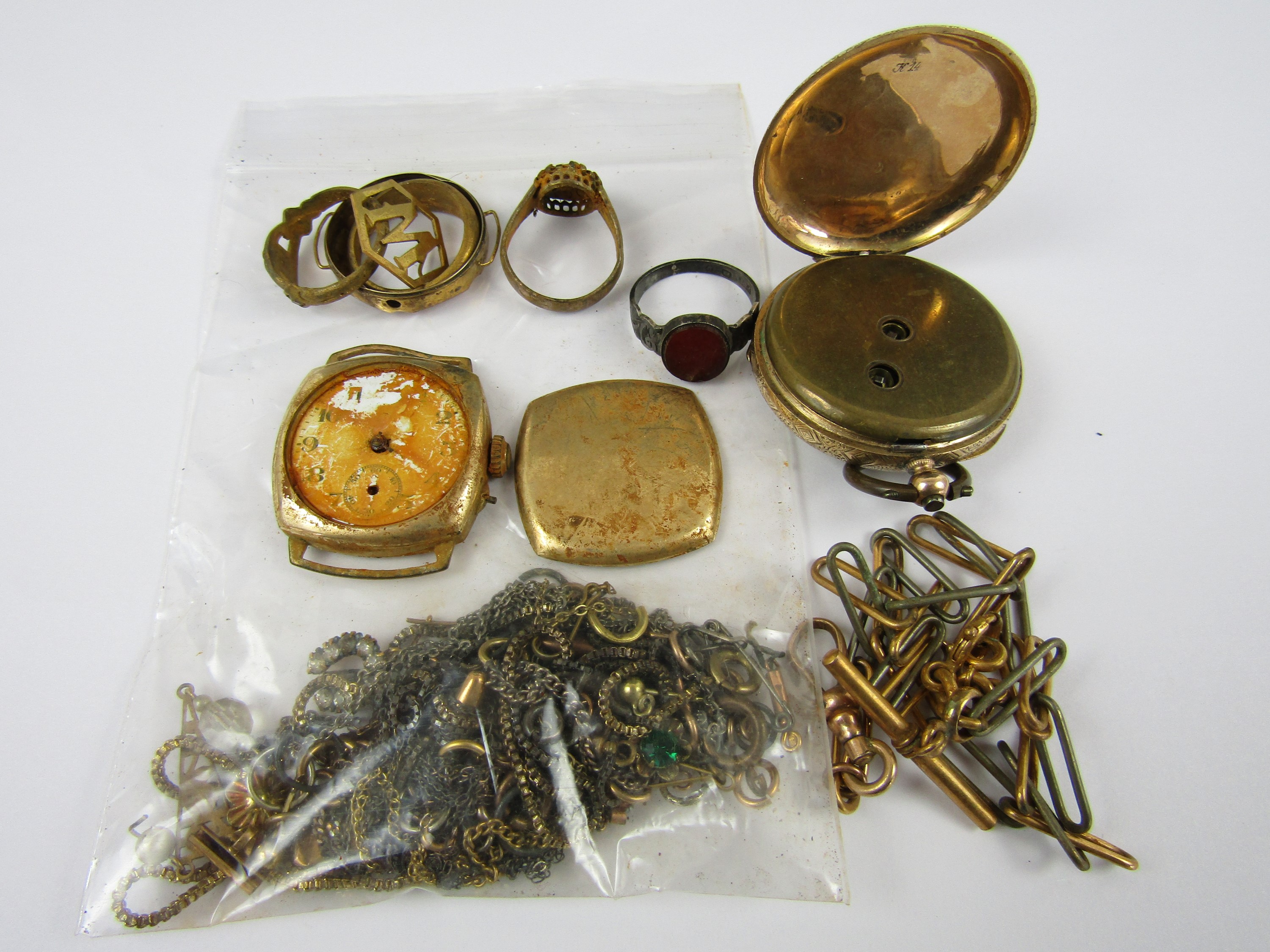 Sundry scrap gold, yellow-metal, gold-plated and base metal jewellery and watch parts, 121g total