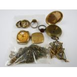 Sundry scrap gold, yellow-metal, gold-plated and base metal jewellery and watch parts, 121g total
