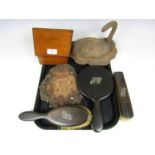 A wooden stationary box together with a hand mirror and brush set etc.