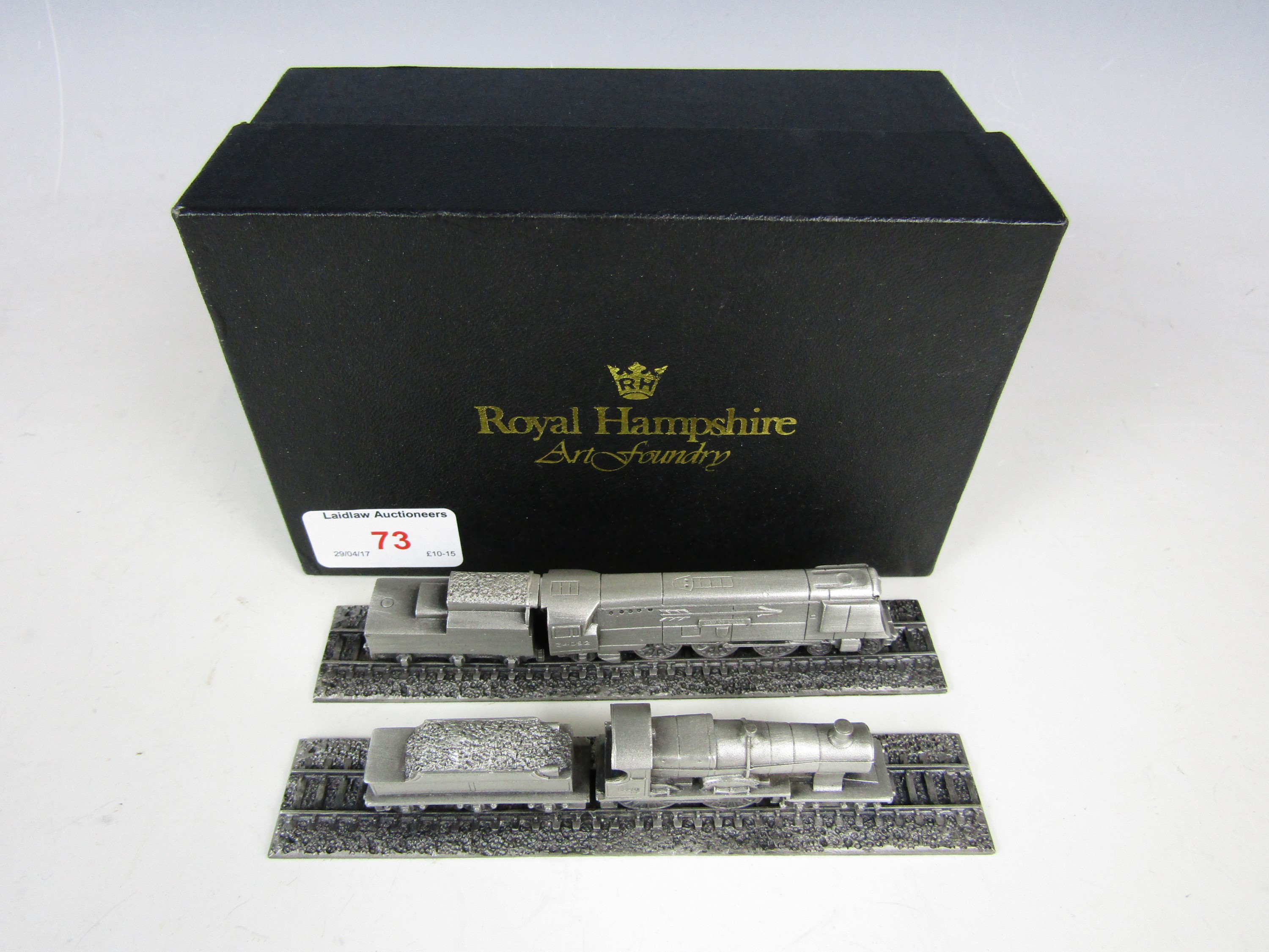 Two Royal Hampshire Art Foundry pewter railway locomotives with presentation case