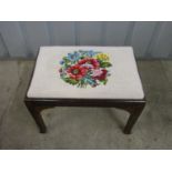 A vintage mahogany stool with embroidered seat, 56 x 40 x 38 cm