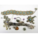 Vintage jewellery including a silver and malachite bracelet, a white metal and amber pendant