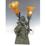 A bronzed figural table lamp with amber glass shades