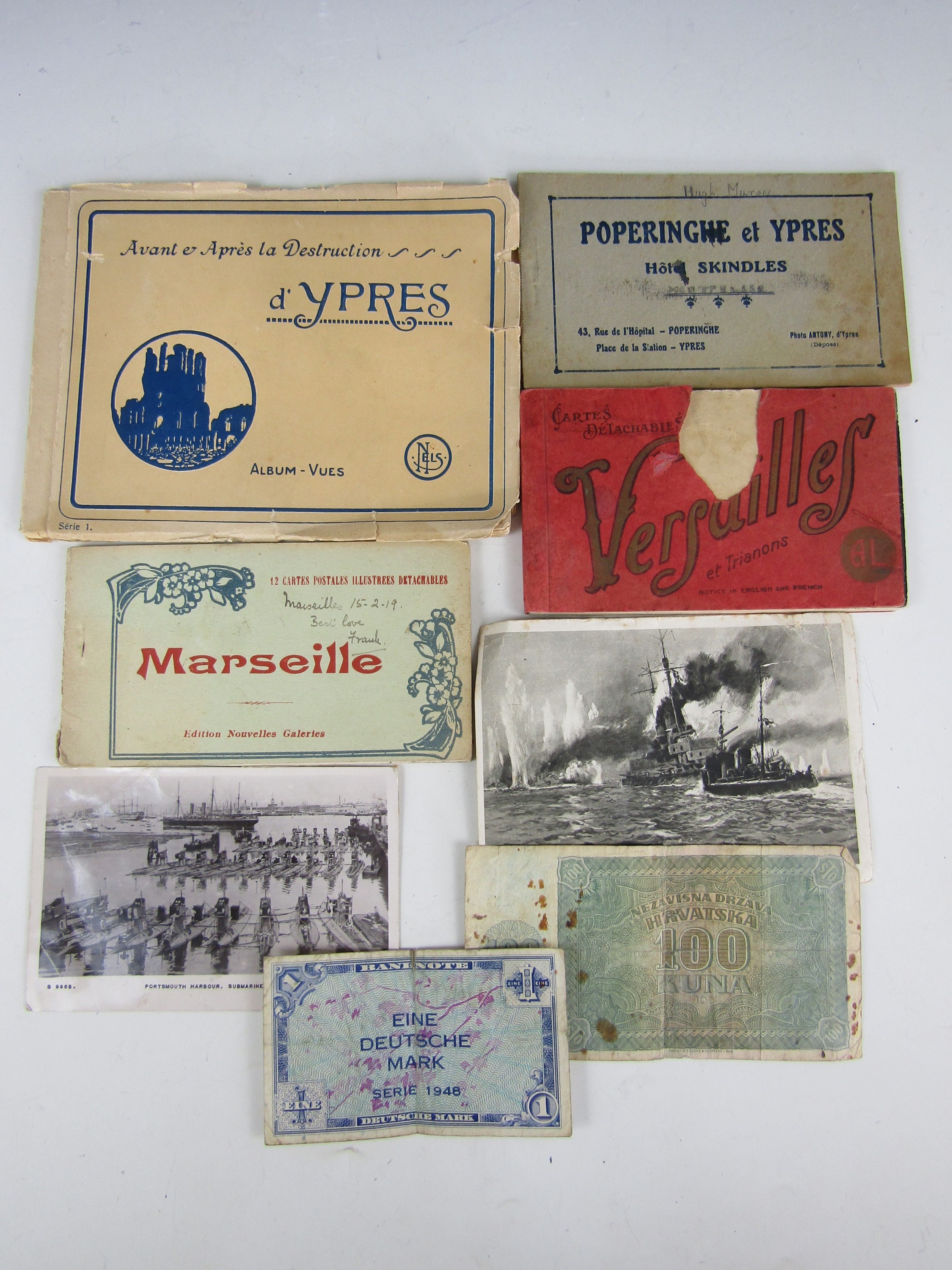 First World War period French postcards and German banknotes etc.