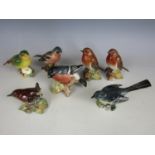 Seven Beswick birds including a grey wagtail, two robins, a bullfinch, a chaffinch, a greenfinch and