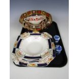 A Crown Derby bowl (a/f) together with two Masons soup bowls and saucers, a dessert set and two blue