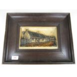 A porcelain relief plaque of Burns' Cottage, Alloway, Ayr, in oak frame, 14 x 23 cm