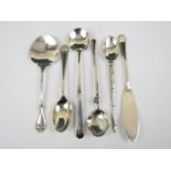 Five hallmarked silver spoons together with silver butter knife