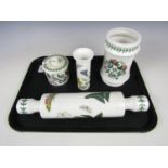 Four pieces of Portmeirion botanical wares including a rolling pin and a preserve pot etc.