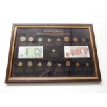 A framed display of coins Ancient to Modern - British Currency from 1551 to the Present Day