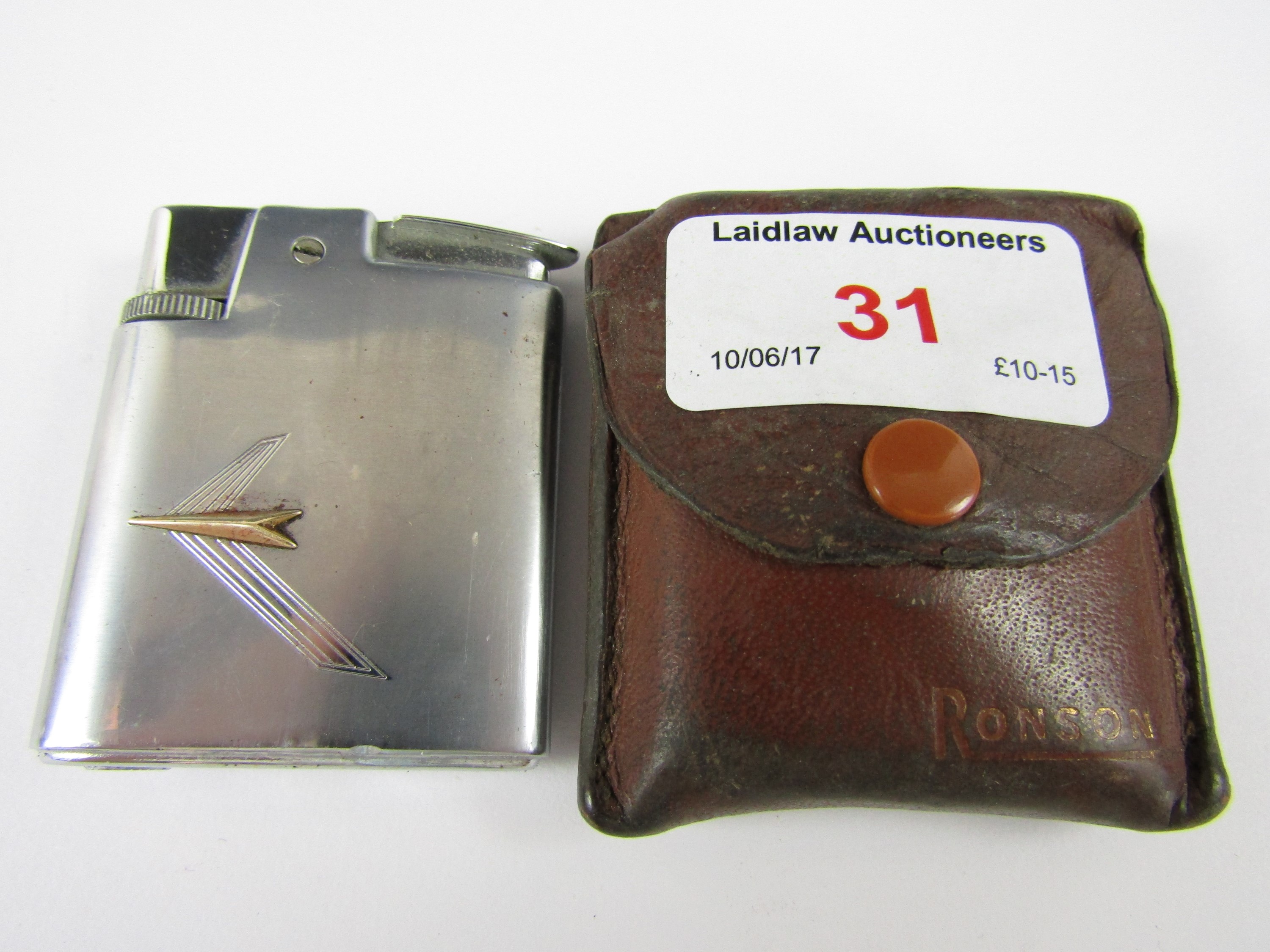 A 1950's Ronson stainless steel cigarette lighter and leather case