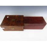 A 19th Century walnut box with brass cartouche and key escutcheon, together with one other
