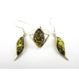 A pair of contemporary green amber and white metal pendant earrings, stamped 925, together with a