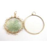 A contemporary 9ct gold framed pendant containing captive pale green stones, together with a