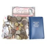 Sundry GB and foreign coins, 19th - 20th Century, together with a 1954 Canada two-dollar bank note